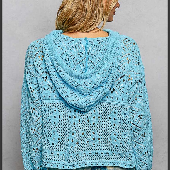 POL. Aqua Crochet Hooded Sweater - Picture 5 of 6